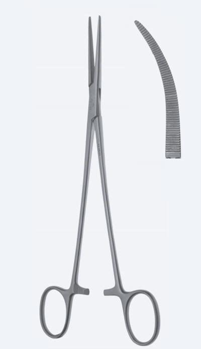 Зажими, хірургічні, гемостатичні, "Heiss", делікатні, вигнуті, зубчаті щелепи, з кремальєрою, довжина 200 мм. Бренд - Asanus Medizintechnik Gmb, Німеччина